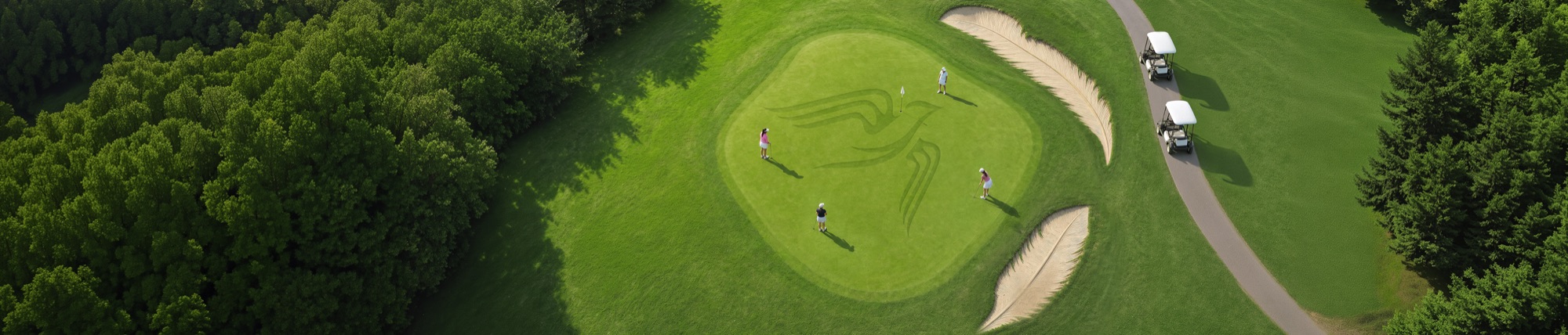 An aerial view of a golf green with a bird mown into the turf and feather-shaped bunkers